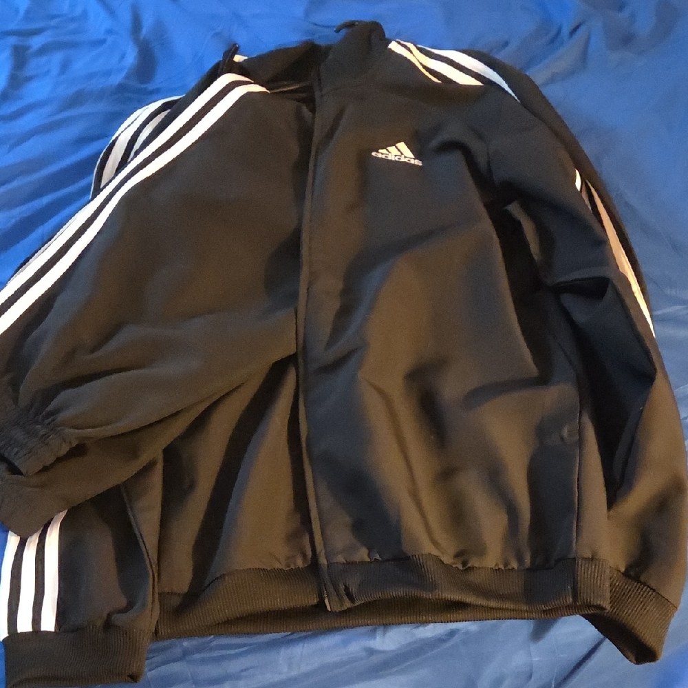 Adidas Men's Black Windbreaker And Pants Set with White Stripes